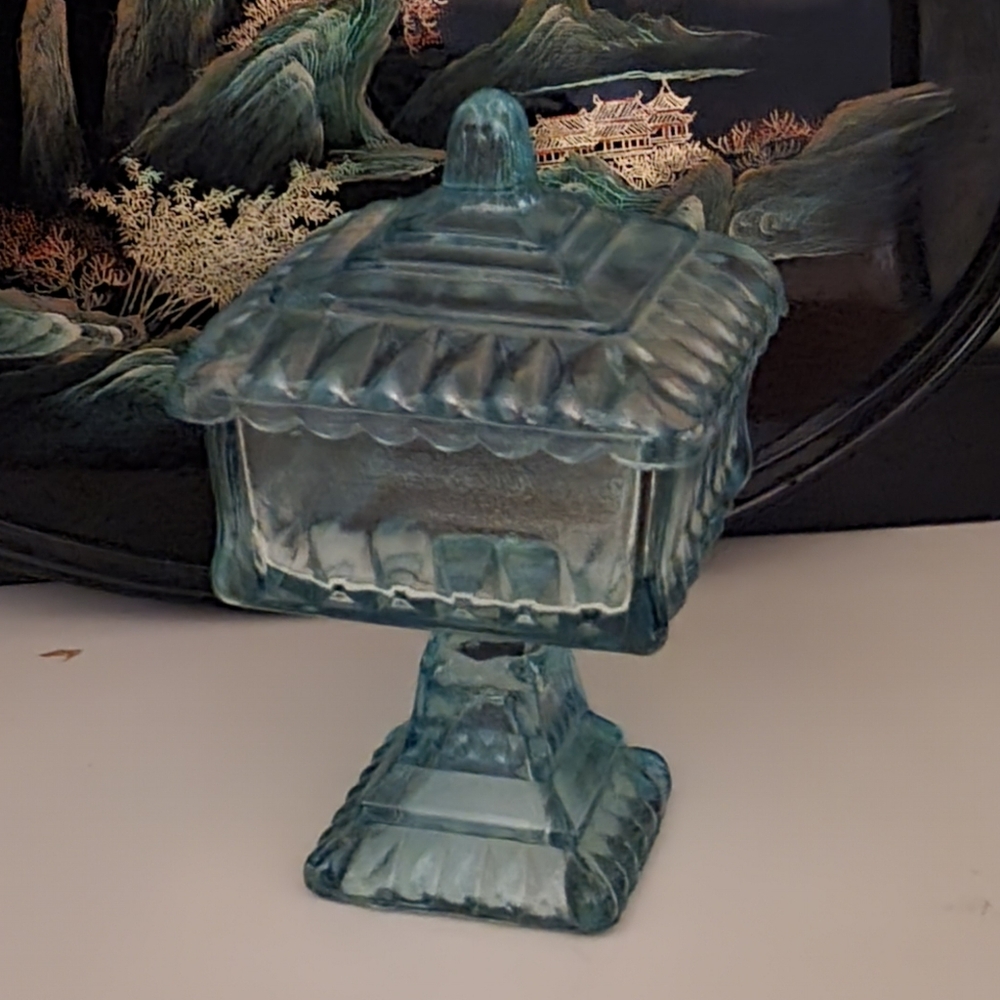 Vintage-Inspired Teal Glass Pedestal Box